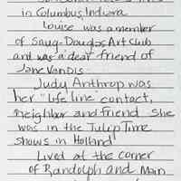          Note about Louise Peters by her friend Judy Anthrop, front
   