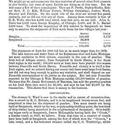 304: peaches are in good demand at Chieago, and are branded " Mountain Rose Fruit Farm."
Williams & Son have a very fine fruit farm of forty acres, with 4,000 bearing trees. Thomas Gray has 3.000 bearing trees, and James Crouse 2,000 trees. We might go on and enumerate the tree statistics of several other fruit growers in this vicinity, but want of space forbids our doing so at this time. But we will name a few of these pomologists: 'They are P. Purdy, Sophia Shultz, Robert Reid, F. C. Kile, William Corner, William Cummings, Joshua Weed, Dresser and Patchin. On the north side of the river are several fine peach orchards, but we did not visit any of them.
Among those orchards is that of O. E. Wells, who has 4,000 trees which bear this year, we are told. John L. Coats has 2,000 trees, George Kingsley, of Chicago, 3,000, and D. L. Barber 2,500 trees. To show the importance of this interest to Sangatuck we have only to mention the shipments of fruit made from the two villages last year:
[table]
The shipments of fruit for 1880 bid fair to be much larger than for 1878.
The lake breezes and water front of the Kalamazoo river and Lake Michigan are most conducive to fruit culture, especially in the case of peaches. 'The fruit belt of Allegan county, from Saugatuck to South Haven, is the finest fruit region in the world; 100,000 acres at least have been planted this season between Fennville and South Haven. Fennville and vicinity is in itself a fine fruit region, and we noticed during our recent visit there some large fruit farms, but did not stop long enough to gather any statistics, and shall depend on our Fennville correspondent to do justice to the subject. But last year Fennville exported by the Chicago & West Michigan railway 132,500 baskets of peaches.
We learn that Mr. James McCormick of Manistee, has sold the growing peaches on his fruit farm (ten acres) for $2,000, and says he has lost 82,000 by the transaction. This shows that there is money in the business.
SHIP-BUILDING.
The steamer C. Ward is now in the stocks and in course of reconstruction. She is owned by R. C. Brittain, and is to be lengthened twenty-seven feet, and completed in time for the shipment of peaches. Tiro more vessels are being built at Saugatuck, which by the way, is quite a ship-building point, the best kind of ship-timber being abundant in the neighborhood of Saugatuck. Ship-building began early in Saugatuck, James MeLaughlin having built the "Crook," a lumber vessel, in 1837, we believe. From that time on a number of vessels have been built at Saugatuck, among the first of which were the "Octavia," a lake vessel, and a flat-bottomed steamer called the C. C. Trowbridge, which was found when constructed to be too large a craft for river navigation, and was soon hauled off the river.
RIVER NAVIGATION.
In the olden time when we first visited Sangatuck, there was a large Indian population on the banks of the river, and it was no unusual sight to see their beautiful birch bark canoes and dugonts on each side of the river; but now