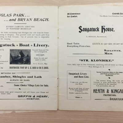 Douglas Park and Bryan Beach, Saugatuck Boat Livery at C.E. Bird Dock, Griffin & Henry lumber, Saugatuck House by S. Benson, Steamer Klondike, Saugatuck Livery, Heath & Kingaid