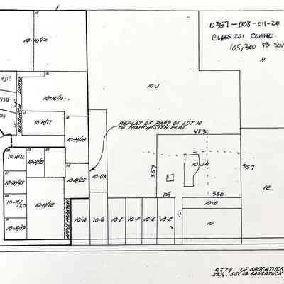 A more current drawing to the same parcel with the Manchester Lane development.: Campbell Road runs along the bottom edge. The road marked "River Road" is Park Street.
