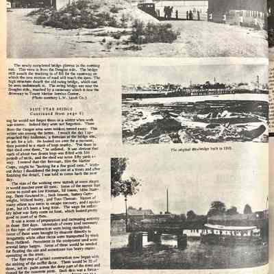 part 3: ing he would not forget them in a winter when work was scarce. Indeed they were not forgotten. Those from the Ganges area were seldom turned away. This writer was among the latter. I recall the day I approached Ray Anderson, a foreman at the bridge site, to ask for a job. He looked me over for a moment, then pointed to a stack of kegs nearby. "Put those in that shed over there, " he ordered. It was obvious that each of about two dozen kegs was filled with 100 pounds of nails, and the shed was some fifty yards away. I sensed that this foreman, like the Marine Corps, might be "looking for a few good men." Without delay I shouldered the kegs one at a time; and after finishing the detail, I was told to come back the next day. 
The size of the working crew varied; at some stages. it would number over 40 men. Some of the names that come to mind are Lee Kiernan, Ed Sisson, Mike Starring, Dave Howland Jr., Jack Sewers, Barney Cartwright, Willard Beery, and Tom Thomas. Names of many others now seem to escape memory, and I apologize, but it's been a long time. The wage for ordinary labor was forty cents an hour, which looked pretty good to most of us then.
It was a scene of preparation and increasing activity in those first days. Materials of every kind necessary n this type of construction were being stockpiled Some of these were brought by steamer directly to Saugatuck; while other items were transported by truck from Holland. Prominent in the equipment used were several large barges. Some of these would be needed for floating the one and sometimes two heavy cranes operating on the river.
The first step of actual construction now began with the sinking of the coffer dams. There would be 12 of these, set in pairs across the deep part of the river and shaped for the concrete piers. Each dam was a formation of matching, heavy steel plates, driven one at a time into the river bottom to make an enclosure. cluster of steel pilings was next driven into the dam by the crane's hammer and would extend section on section to an average depth of 80 feet below the bed of the stream. When this was pumped out, the dam was ready for workmen to descend.
On one of these occasions a near tragedy resulted.
Several workmen were sent down into a dam to square up the comer on the mud bottom. After a time we noticed a great commotion with men hurriedly emerging from the top. Someone had dug too deeply under the plates, and suddenly the water boiled in with a swift burst of pressure from the river outside. The men scrambled for the top with water at their boots and escaped in the nick of time. No such incident was repeated in any of the other dams. We worked amid a variety of dangers in the ensuing months, but overall this project was to be singularly free of serious injuries.
Work parties were now being sent on barges to the coffer dams that were prepared for pouring. A small two-sack mixer was pressed into service, that turned out its one-minute mixes for hours on end. Finished piers began to rise in well-defined rows across the water with two huge bolts in vertical position implanted in the concrete at the top of each one. Then one of the most impressive, and perhaps most difficult, operations of the entire job took place. This was the setting of a massive 52-foot I-beam crosswise of the bridge between each set of piers.
At the base of each beam end were two holes with barely clearance for the pier bolts. Two cranes, each on its barge, with its cable and hook grappling an opposite end of the heavy beam were positioned. It was a sensitive operation with no room for error. Finally the beam was gently lowered, and in every case I saw the bolts slipped through to a perfect fit. It was a good example of the importance of those innumerable transit shots across the river course. This was really precision engineering by men who were experts.
Fall days were advancing with the geese flying hgh over Kalamazoo Lake in a southerly direction. The air was a bit nippy as the boys gathered for work in early morning, and it became obvious that the L.W.
Lamb Company intended to push on with the bridge throughout the winter. To this end, a steam threshing machine engine suddenly appeared on the job. It was carefully housed in a shed on the east bank with a stack of large steam pipes piled nearby. No job, of course could pour concrete exposed to freezing temperatures, and we were entering a steady routine of concrete work.
Frank Rhodes of Ganges, a middle-aged gentleman