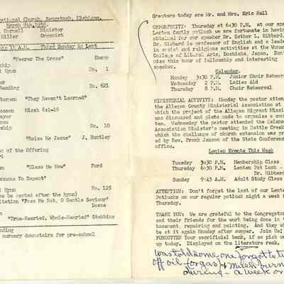 BBAug0165-CongregationalChurchProgram1958.jpg 1.1MB: from May Heath collection, March 9, 1958, Rev. David A. Cornell minister, Mrs. Kenneth Miller organist, Mr. and Mrs. Eric Hall greeters, Dr. Esther L. Hibbard speaker "was told some one forgot to urn off oil -(or gas) & much burned up - during - a week or so!!"