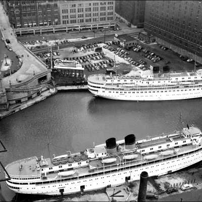 SS North & South American ships in Chicago at Michigan Ave.: SouthAmericanChicago1936B&W