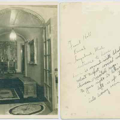 Kemah_hall.jpg 1.9MB: Front Hall Kemah. Entrance to home is covered with black velvet carpet covered with Chinese oriental rugs. to your right is library, left is up two steps into living room