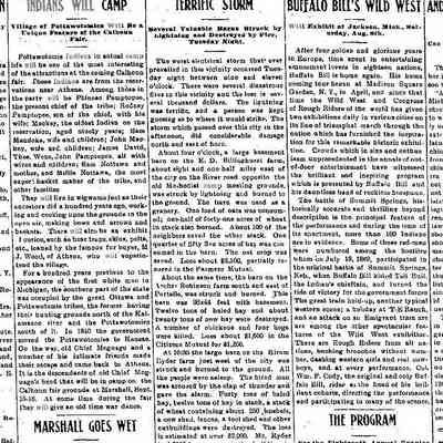 Marshall Expounder August 7, 1908 story about Pottawatomie camp at Calhoun Fair