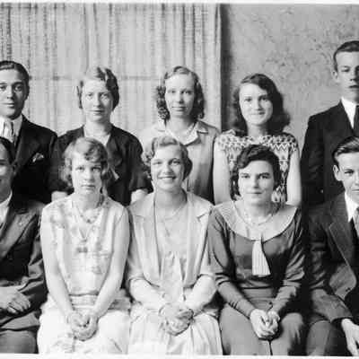 96-40-1 Prentice grad class.jpg: Photo likely the class of 1931 that included Bud Edgcomb, "Buddy Ditch", Bob R. Robinson, Elsworth Bartholomew, Willard J. Prentice, Lillian Drought, Roxie A. Mize, Cleta Kurman, Lucille Kelly, Opal Lighthart and Eleanor Koning (front row, center).