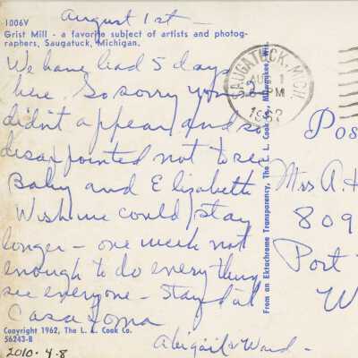 Reverse of Grist Mill Postcard with message from Abigail & Ward to Mrs. A.H. Barr of Port Washington, Wisconsin