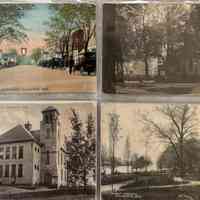          View of Main Street Saugatuck Michigan about 1919 , Episcopal Church , Saugatuck High School around 1915 , Ferry Landing about 1909 Sheet 08; The image shows four vintage postcards depicting scenes from Saugatuck, Michigan.
   