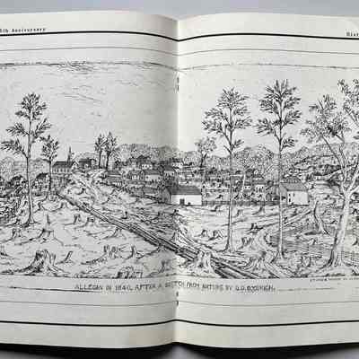 Allegan in 1840, after a sketch from nature by O.D. Goodrich: "believed to be the earliest and most accurate picture of pioneer Allegan"