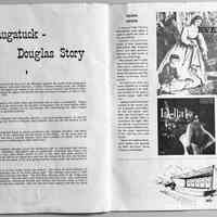          The Saugatuck-Douglas Story, Concert sound design and rendering, ad for Della Reese's new album; A schooner was anchored off the shore of Lake Michigan opposite the mouth of the Kalamazoo and a lighter was loaded with some furniture, a stock of Indian trading goods, and William Gay Butler and his wife.
The lighter was rowed up the river to a broad expanse that formed a lake.
There the two landed. unloaded the lighter and became the first permanent residents of what is now Saugatuck. The year was 1830.
Others came and settled in the fertile fields and forrested hills to form a community. Others came and settled nearer the Lake and became the founders of Singapore with its great lumber mills, its wildcat bank, its Hotel Astor. Lumber was the big business, then shipbuilding, but others turned to commercial fishing and to growing orchards.
Lumber was king for decades with shipyards, tanneries, and wood-working plants. In time the forests of the surrounding area had been stripped, and gradually fruit was the big business of the area.
As early as 1880, Saugatuck began to attract vacationers and 