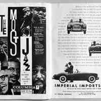          Saugatuck salutes the sidemen, ads for Columbia Records and Imperial Imports; DUKE ELLINGTON ORCHESTRA
Harry Carney (reeds)
Paul Gonsalves (reeds)
Jimmy Hamilion (reeds
Johnny Hodges (reeds)
Russell Procope (reeds)
Willy Cook (brass)
Andres Merenquito (brass)
Ed Mullins (brass)
Ray Nance (brass)
Lawrence Brown trombone)
Moody Wood (trombone)
Britt Woodman (trombone)
Aaron Bell (bass)
Sam Woodyard (drums)
Milt Grayson (vocals)
Lili Gigi (vocals)
CHICO HAMILTON QUINTET
Carrington Visor (saxophone
Nat Gershman (cello)
Bobbie Haynes (bass)
Attila Zollar (guitar)
RAMSEY LEWIS TRIO
El DeeYoung (bass)
Red Holt (drums)
BUDDY GRECO TRIO
Sam Cafidi (bass)
Bobby Marienello drums)
IKE ISAACS TRIO
Gildo Mahones (piano)
Bobby Byrne (bass)
   