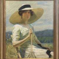          Oil painting of Florence Hunn outside on a sunny day with a sun hat and parasol
   