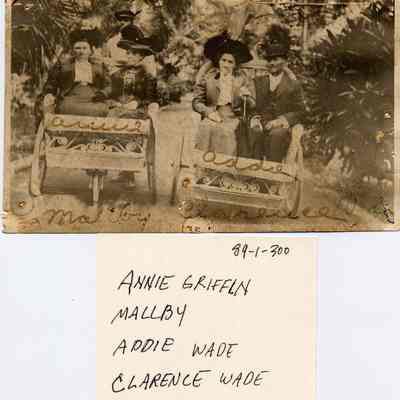 89-1-300_Clarence_Wade.jpg 1.3MB: Two couples in wicker bicycle-driven vehicles in a tropical location. Annie Griffin, Mallby, Addie Wade, Clarence Wade.