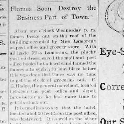 cr1903111304NeRichmondDestroyed.jpg: November 13, 1903, mentions Miss Lamoreux post mistress and C.E. Hodge merchant