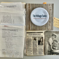          Member's recipe submissions, the finished book, the front of a fan provided by the A. Schmidt Home Bakery and an article about Peg Sanford's Italian Dinner Party recipes.
   