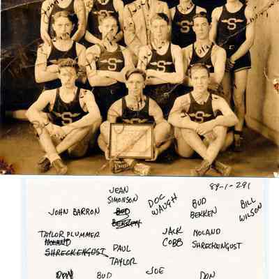 89-1-291_Basketball_Team.jpg 2MB: John Barron, Jean Simonson, Doc Waugh, Bud Bekken, Bill Wilson, Taylor Plummer, Paul Taylor, Jack Cobb, Noland Shreckengust, Bud Strader, Joe Hirtzer, Don Bird