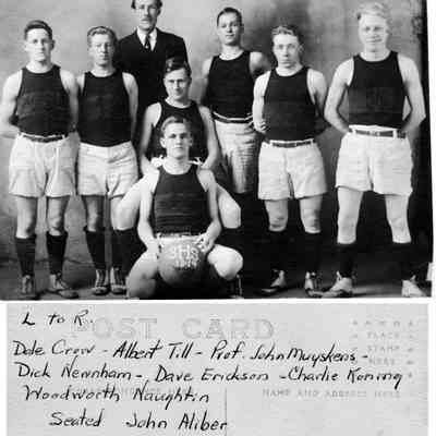 SHS_Basketball_team.jpg 568KB: 1913-1914 Dale Crow, Albert Till, Prof. John Muyskens, Dick Newnham, Dave Erickson, Charlie Koning, Woodworth Naughtin, seated John Aliber
This image was featured as History Mystery #71 with the solution: The coach was John Muyskens who was the "professor" or principal as well as the coach and at 6'7" towered over his players. He later became a professor at the University of Michigan.