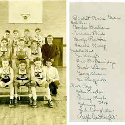 1936 Saugatuck basketball.jpg 541KB: Gordon Durham, ? Lincoln Bird, George Paulski? Harald ?, Mr. Waugh, Bob or Rob Breckenridge, Garth Wilson, George Chase, Mr. ? John Proctor, Benny H? Johnny Fox, Jack Campbell, Ralph Carwright