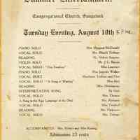          BBAug0139-CongregationalChurchProgram.jpg 385KB; from May Heath collection - August 10 program front.
Miss Margaret McDonald, Mrs. Blanch Trelease, Mr. Hobert Summer, Mr. J. L. Barron, Miss Laurence, Miss Jeanette Walker, Mesdames Trelease and Flint, Miss Bird, Mrs. Hemingway, Mrs. Thomas, Mrs. Richards, Miss Turnbull, Mrs. Parkinson, Mrs. Trelease, Mrs. Brittain and Miss Koning.
   