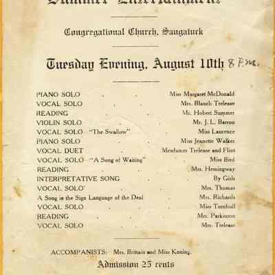 BBAug0139-CongregationalChurchProgram.jpg 385KB: from May Heath collection - August 10 program front.
Miss Margaret McDonald, Mrs. Blanch Trelease, Mr. Hobert Summer, Mr. J. L. Barron, Miss Laurence, Miss Jeanette Walker, Mesdames Trelease and Flint, Miss Bird, Mrs. Hemingway, Mrs. Thomas, Mrs. Richards, Miss Turnbull, Mrs. Parkinson, Mrs. Trelease, Mrs. Brittain and Miss Koning.