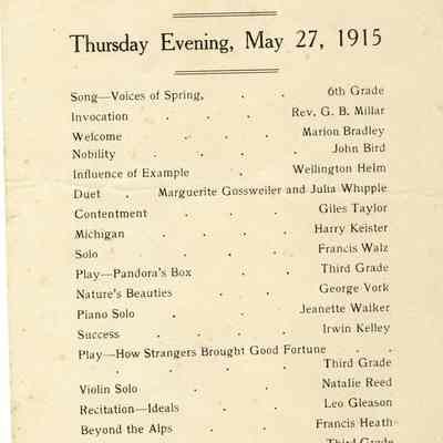 BBAug0077-CongregationalChurch-1915.jpg: Rev. G. B. Millar, Marion Bradley, John Bird, Wellington Helm, Marguerite Gossweile,  Julia Whipple, Giles Taylor, Harry Keister, Francis Walz
George Vork, Jeanette Walker, Irwin Kelley, Natalie Reed, Leo Gleason, Francis Heath, Rev. A. B. Bell