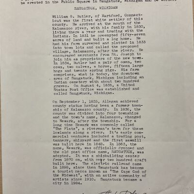 Saugatuck Michigan - proposed wording for historical marker