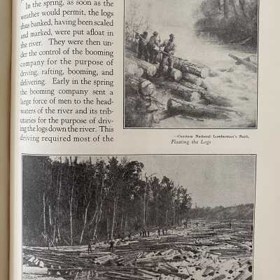 Illustration of “Floating the logs” and “A log drive in the Grand River”: Sample page 195
