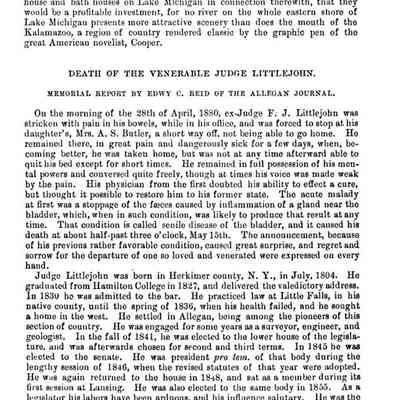 310: SAUGATUCK AS A SUMMER RETREAT.
Saugatuck is as well adapted for a summer retreat as Grand Haven, and we have no doubt if some enterprising landlord would erect a good, first-class hotel somewhere near the mouth of the river, say at Saugatuck village, with a boathouse and bath houses on Lake Michigan in connection therewith, that they would be a profitable investment, for no river on the whole eastern shore of Lake Michigan presents more attractive scenery than does the mouth of the Kalamazoo, a region of country rendered classic by the graphic pen of the great American novelist, Cooper.