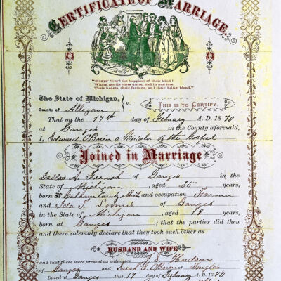 Photocopy of marriage certificate of Dallas A. Finch and Ida Loomis, both of Ganges, dated 17 Feb. 1870.