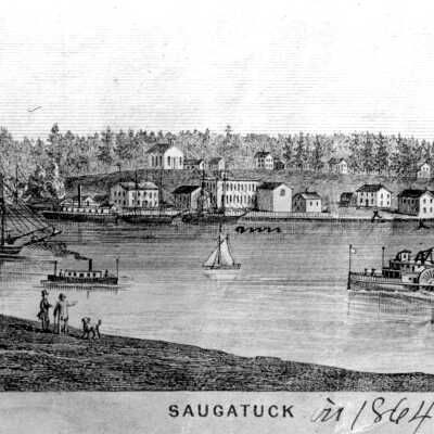 An early lithograph of Saugatuck as it appeared ca 1864. The side wheel river steamer Comet appears in the lower right towing a log raft. Built here in 1863, she was 64’ in length and owned by John Hanchett and Franklin Rollins. The builder is unknown.: LO93 Saugatuck etch 1864