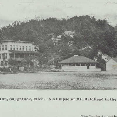 No. 41. Pokagon Inn, Saugatuck, Mich. A Glimpse of Mt. Baldhead in the Distance.: Private mailing card by Taylor Souvenir Card Co., St. Joseph, Mich.