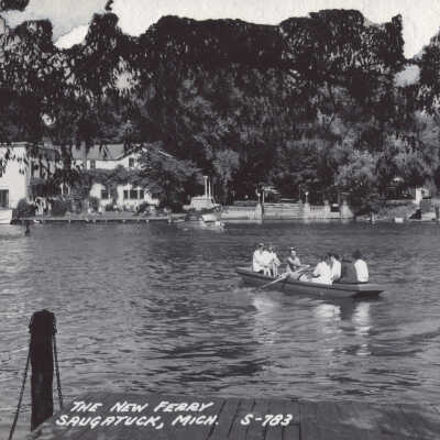 The new ferry Saugatuck, Mich S-783: Real photo postcard of Mt. Baldhead Hotel and ferry landing