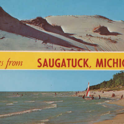 Greetings from Saugatuck, Michigan / Lake Michigan. Yellow stripe dunes and beach.: 95966-B by Dexter Press, photo by Penrod Studio, Berrien Center, Mich.