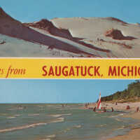          Greetings from Saugatuck, Michigan / Lake Michigan. Yellow stripe dunes and beach.; 95966-B by Dexter Press, photo by Penrod Studio, Berrien Center, Mich.
   