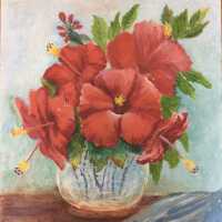          Oil painting of red hibiscus flowers
   