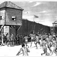          Indians capture Fort Michilimackinac in 1763. [The men are playing a game, not fighting.]; Fort.jpg  Source unknown.
   