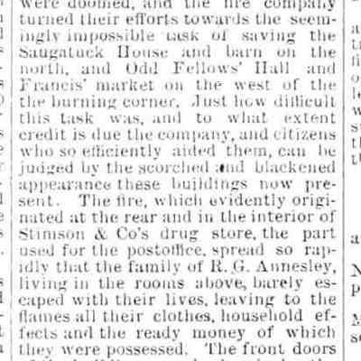 cr1886073001BigBlaze-1.jpg: Post office, William Fisher, Odd Fellows' Hall, Stimson & Co's drug store, R.G. Annesley, Postmaster Winslow, Griffin building, C. Miller & Sons, Masons lodge, J.C. Miller, Guy Ames, Mrs. M. Goodrich, Mrs. C.B. Coates, Mrs D.A. Winslow, Captain I. Wilson