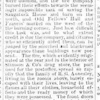          cr1886073001BigBlaze-1.jpg; Post office, William Fisher, Odd Fellows' Hall, Stimson & Co's drug store, R.G. Annesley, Postmaster Winslow, Griffin building, C. Miller & Sons, Masons lodge, J.C. Miller, Guy Ames, Mrs. M. Goodrich, Mrs. C.B. Coates, Mrs D.A. Winslow, Captain I. Wilson
   