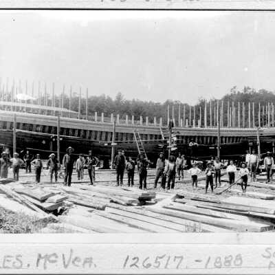 Above - 1888 The 123’ Charles McVea building in the Brittain - Elliot yard. Charles McVea, a local fruit farmer and sailor was a part owner. Inset is master builder James Elliott: filename: Charles_McVea_building_1888