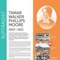          HerStory Panels 4x6_TAMAR WALKER.pdf 1.3MB; TAMAR
WALKER
PHILLIPS
MOORE
1842–1921
During the twenty years she lived in Saugatuck, Tamar Walker Phillips Moore was a leader in the town’s social and political life and was especially active in women’s suffrage and the temperance movement.
Tamar Walker Phillips was born in 1842 in Cass County, Michigan, the daughter of Boyd W.
Phillips and Harriet Ann Barton of Manlius, New York. Her family moved to Allegan when
Tamar was about ten and she attended school at the prestigious Pine Grove Seminary.
According to local legend, Tamar placed a matrimonial ad to attract a wealthy husband.
In 1864 she married Horace Duncan Moore, 20 years her senior, a Saugatuck lumber
baron who was one of the wealthiest men in Allegan County. Her husband’s wealth and
position enabled Tamar Moore to wield influence in her community.
In 1857, H.D. Moore built what was then the largest and grandest house in Saugatuck
where the family resided until 1884. The Moores called their residence Park House because
of its pastoral setting on the road to Holland, an area known informally as “Mooreville.”
Tamar was a leader in the town’s social and civic organizations and the Moores hosted
many visitors and social gatherings at Park House.
At the time of the Great Chicago Fire of October 1871, other towns in the region, including
Holland, Michigan also burned. To protect their valuables from the threat of fire, the
Moore library, family paintings, silverware, linen, and mill books were all buried deep in
the sand. The need to rebuild after the fires created a boom in the lumber business and
increased Moore’s profits until the forest was depleted and the lumber industry moved
north in the mid 1870s.
Mr. and Mrs. Moore were instrumental in the construction of All Saints’ Episcopal Church
in Saugatuck, where Tamar placed memorial windows for her mother, grandmother and
daughter Maude who had died as a young child. The church was a center for temperance
activities, a cause that the Moores energetically supported.
Tamar Moore moved with her husband and three daughters to Allegan in 1884, where
the family continued to prosper. The Moores celebrated their golden anniversary in 1914
with a grand party that was reported in the Allegan Gazette. Her family’s monument
is prominently situated in the Oakwood Cemetery in Allegan. Tamar’s gravestone is
decorated with a Daughters of the American Revolution plaque. At the time of her death
in 1921, Moore was still remembered in Saugatuck as “the queenly and gracious woman
who in the early days was a leader in nearly every betterment movement here.”
Tamar Walker Phillips researched by fellow
Team HerStorian, Toni Perrine
   