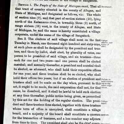 Laws of Michigan, Number 264, An act to revise the charter of the Village of Saugatuck, pages 271-287