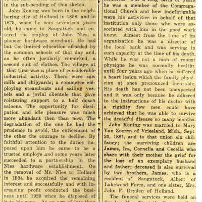 1927-JohnKoningObit: Commercial Record June 3, 1927