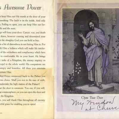 BBAug0165-CongregationalChurchProgram1958-bk.jpg 1.7 MB: This Awesome Power, Jesus knocking "Open Your Door", from May Heath collection "My window at church"