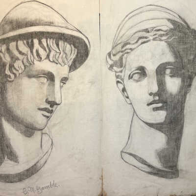 Graphite drawings of Roman sculptures, 18x24"