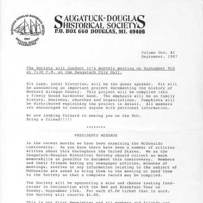 SDHS newsletters Sept. 1987 to Dec. 1991