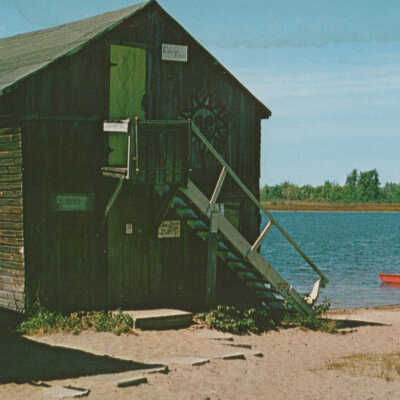 Ox-Bow studio (formerly a Schrivers Bend ice house/shanty) on the lagoon: S15810 Michigan Card Co., Grand Rapids