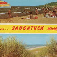          Greetings from... Saugatuck Michgan, yellow stripe beach scenes; 52183-B by Dexter Press, photo by Penrod Studio, Berrien Center, Mich.
   