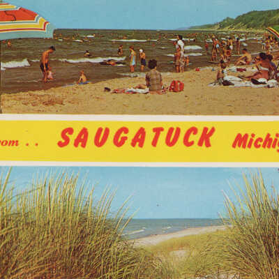 Greetings from... Saugatuck Michgan, yellow stripe beach scenes: 52183-B by Dexter Press, photo by Penrod Studio, Berrien Center, Mich.