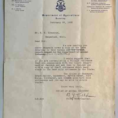 D. 22 Feb. 1922 letter from Michigan Department of Agriculture, Bureau of Animal Husbandry to H.C. Simonson, Saugatuck Village Clerk, about milk ordinances.
