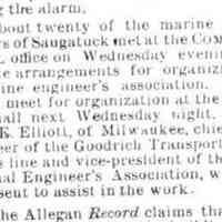          cr1888012001MarineEngineerAssociationFormed.jpg; Marine Engineer Association at G.A.R. Hall, W.E. Elliott of Goodrich Transportation Company
   